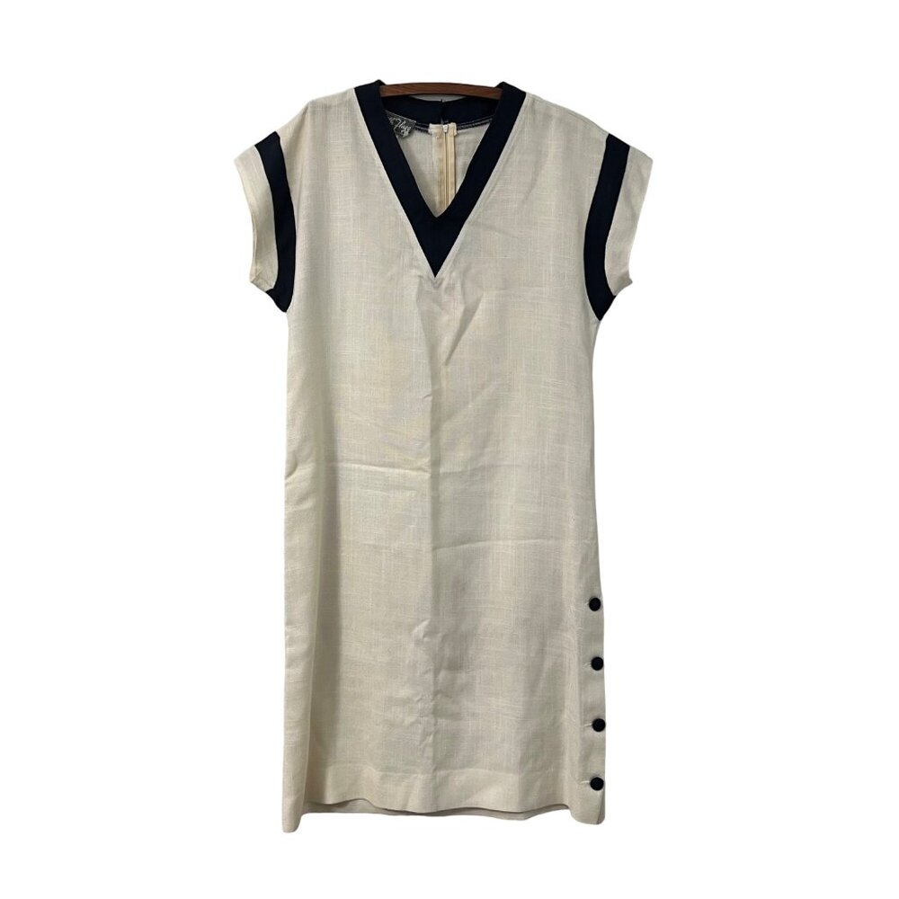 VTG Edith Flagg Ivory Navy Nautical Short Sleeve V Neck Midi Dress Size 14